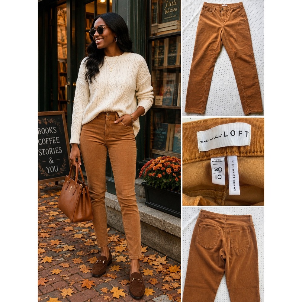 LOFT Corduroy Pants Womens 10 30 Caramel Brown High Waist Skinny Ankle Fall